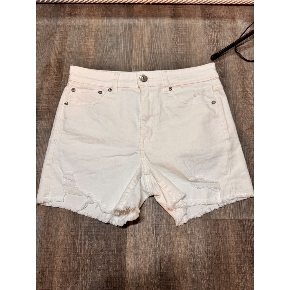 American Eagle White Hi-Rise Midi Super Stretch Distressed Denim Shorts Size 6